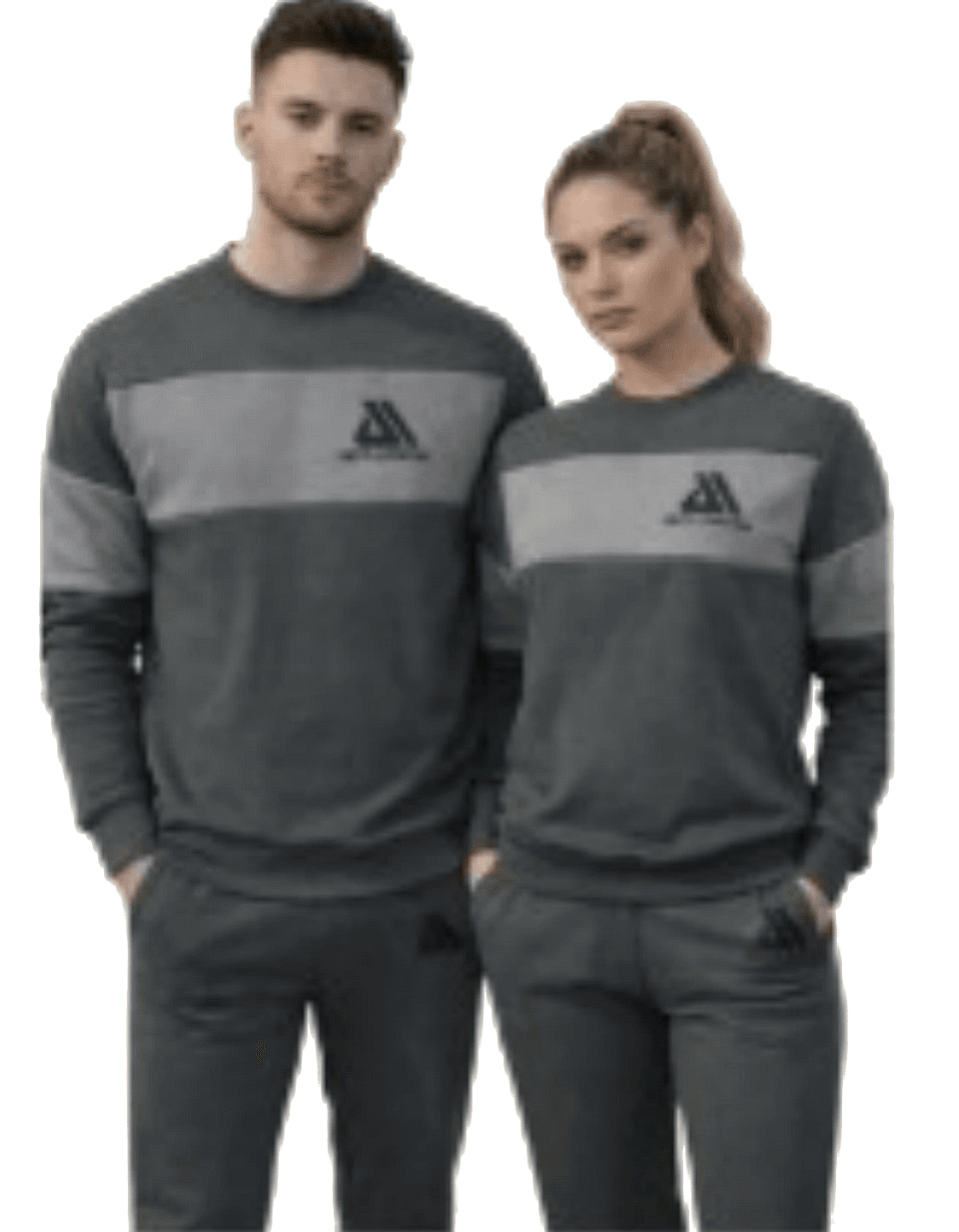 A man and a woman in matching charcoal tracksuits with a light grey chest panel